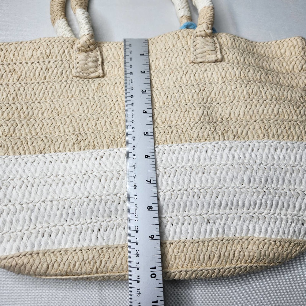 Altru Women's Tan White Pom Pom Tassel Beach Shopping Straw Woven Tote Bag - Picture 7 of 8